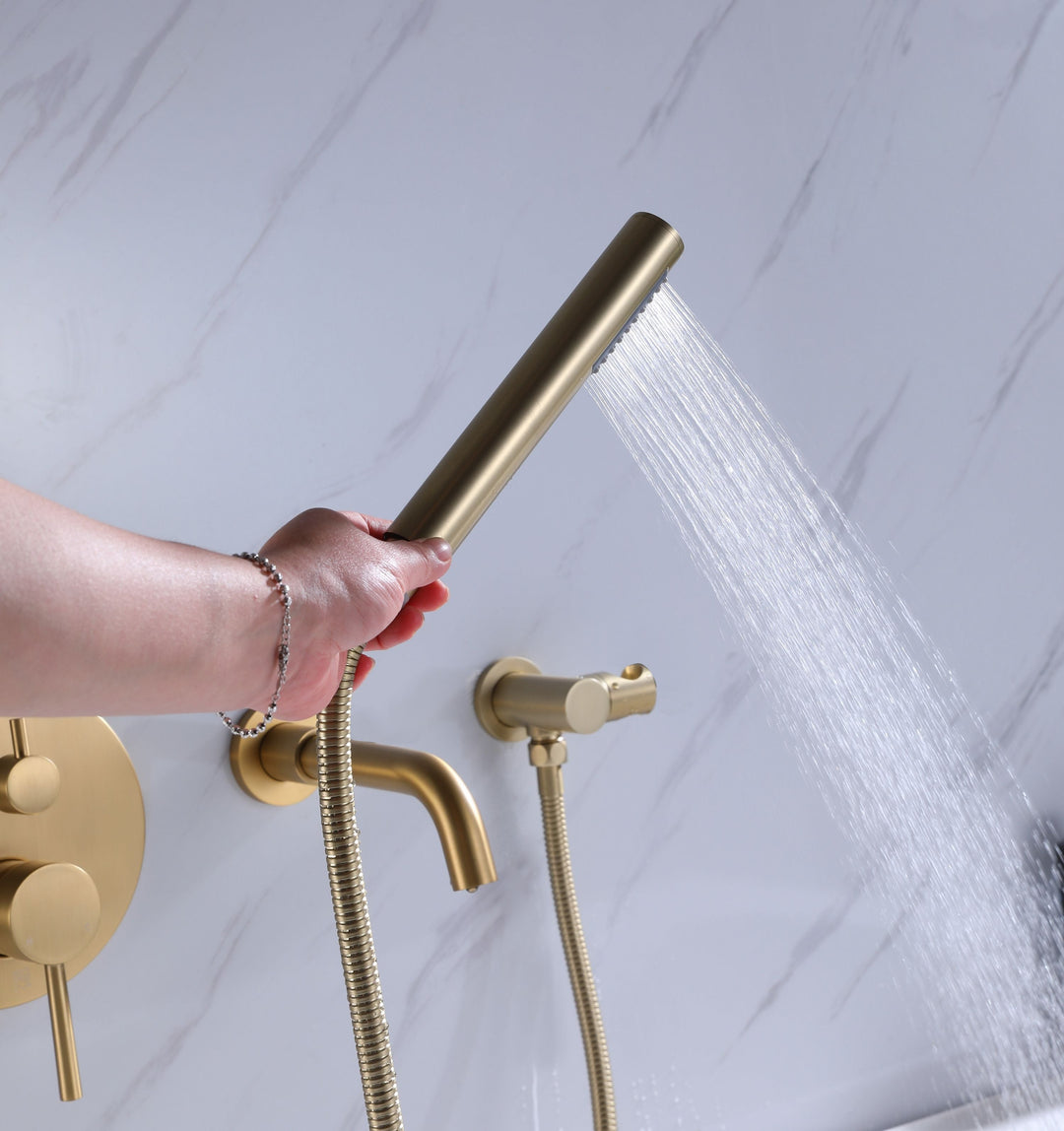 Wall Mounted Bathtub Faucet With Handheld Shower in Brushed Gold