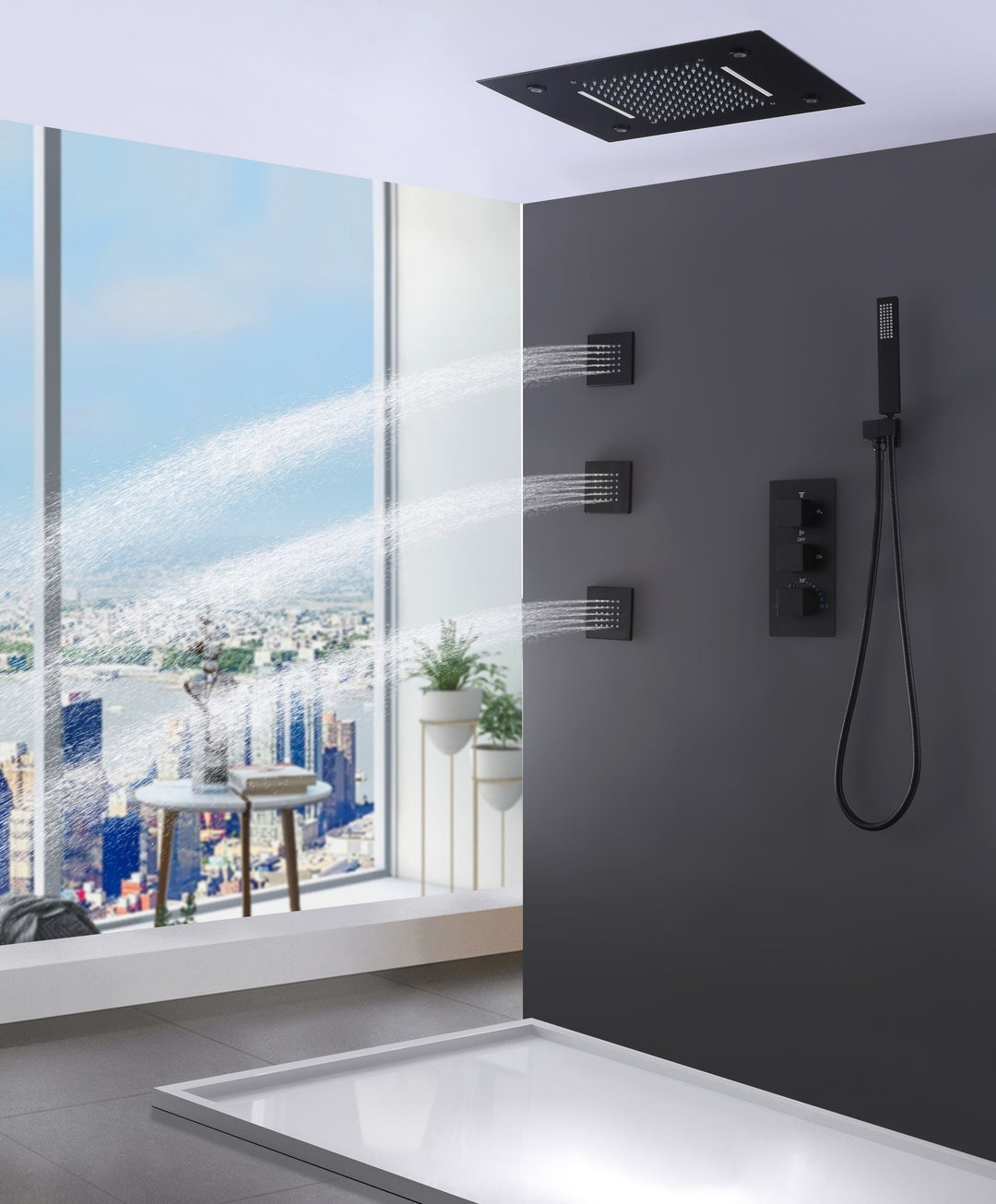 LED Thermostatic Shower System Ceiling Mounted Rainfall Shower Head And 3 Body Massager Jets