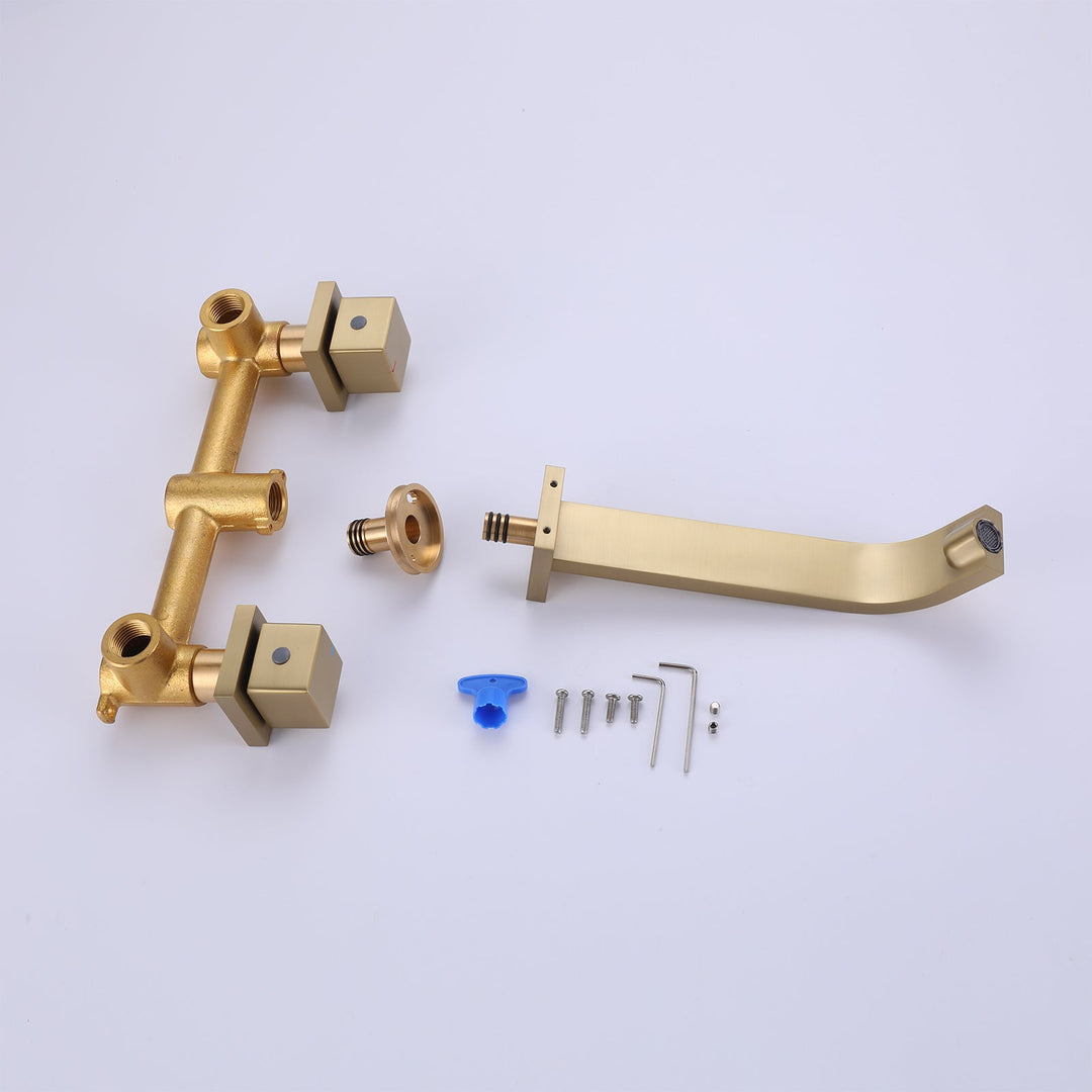 Wall Mounted Brushed Gold Bathroom Sink Faucet With Rough-In Valve Included