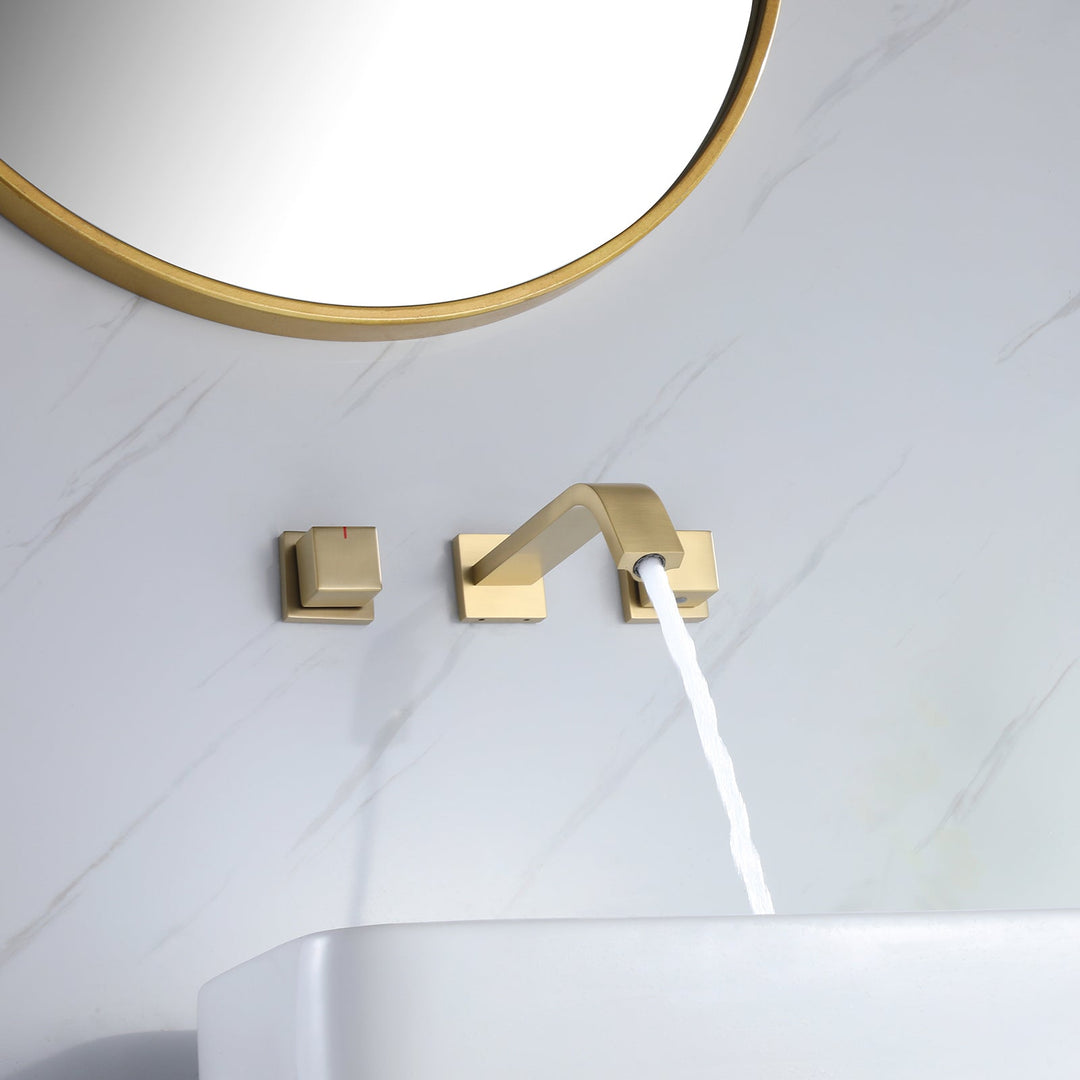 Wall Mounted Brushed Gold Bathroom Sink Faucet With Rough-In Valve Included