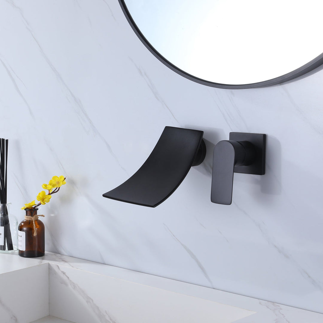Wall Mounted Single Handle Waterfall Bathroom Sink Faucet In Black Finish