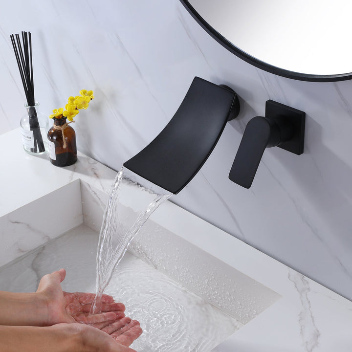 Wall Mounted Single Handle Waterfall Bathroom Sink Faucet In Black Finish