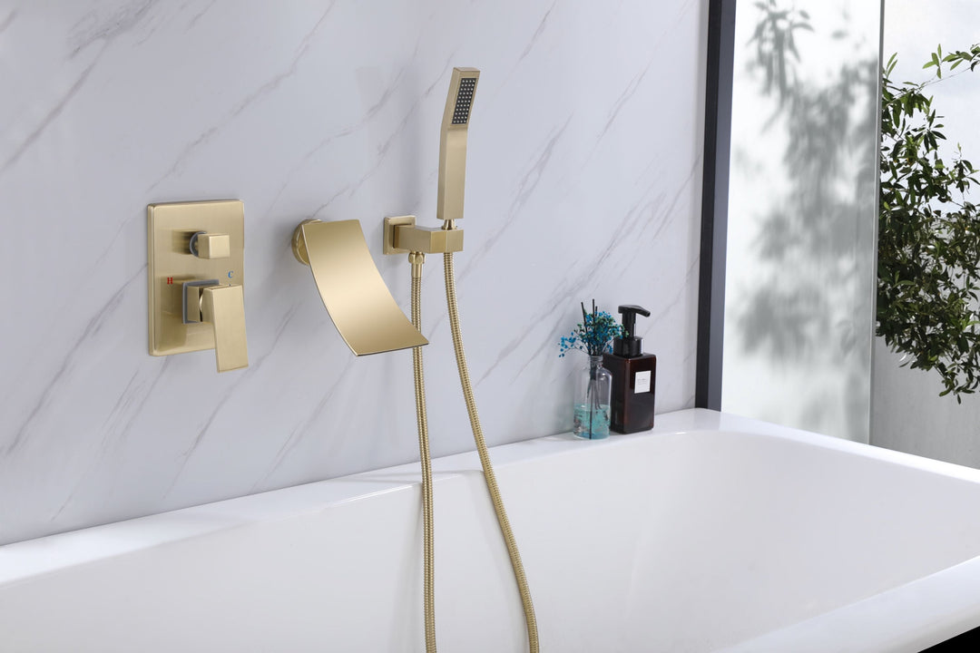 Brushed Gold Waterfall Spout Bathtub Faucet With Hand Shower