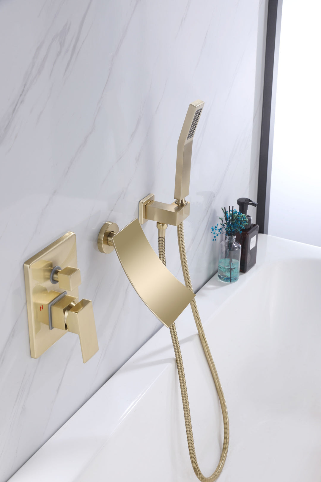 Brushed Gold Waterfall Spout Bathtub Faucet With Hand Shower