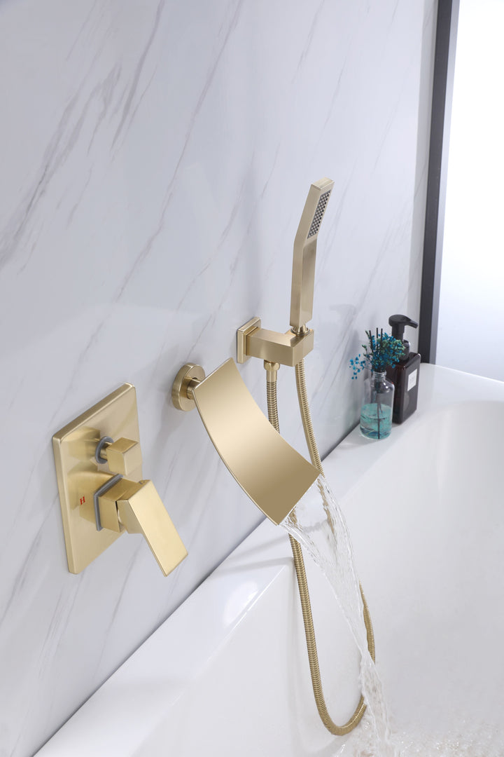 Brushed Gold Waterfall Spout Bathtub Faucet With Hand Shower