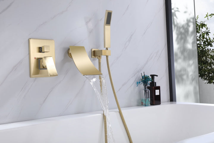 Brushed Gold Waterfall Spout Bathtub Faucet With Hand Shower