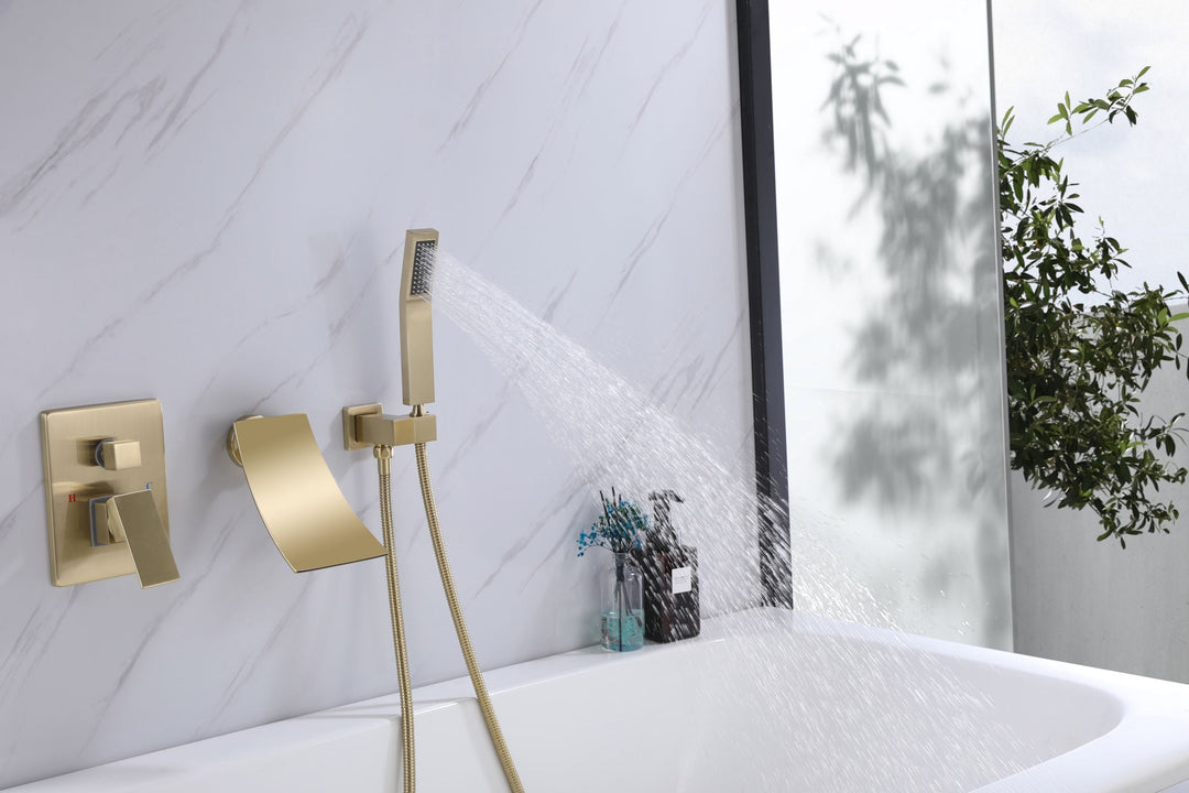 Brushed Gold Waterfall Spout Bathtub Faucet With Hand Shower