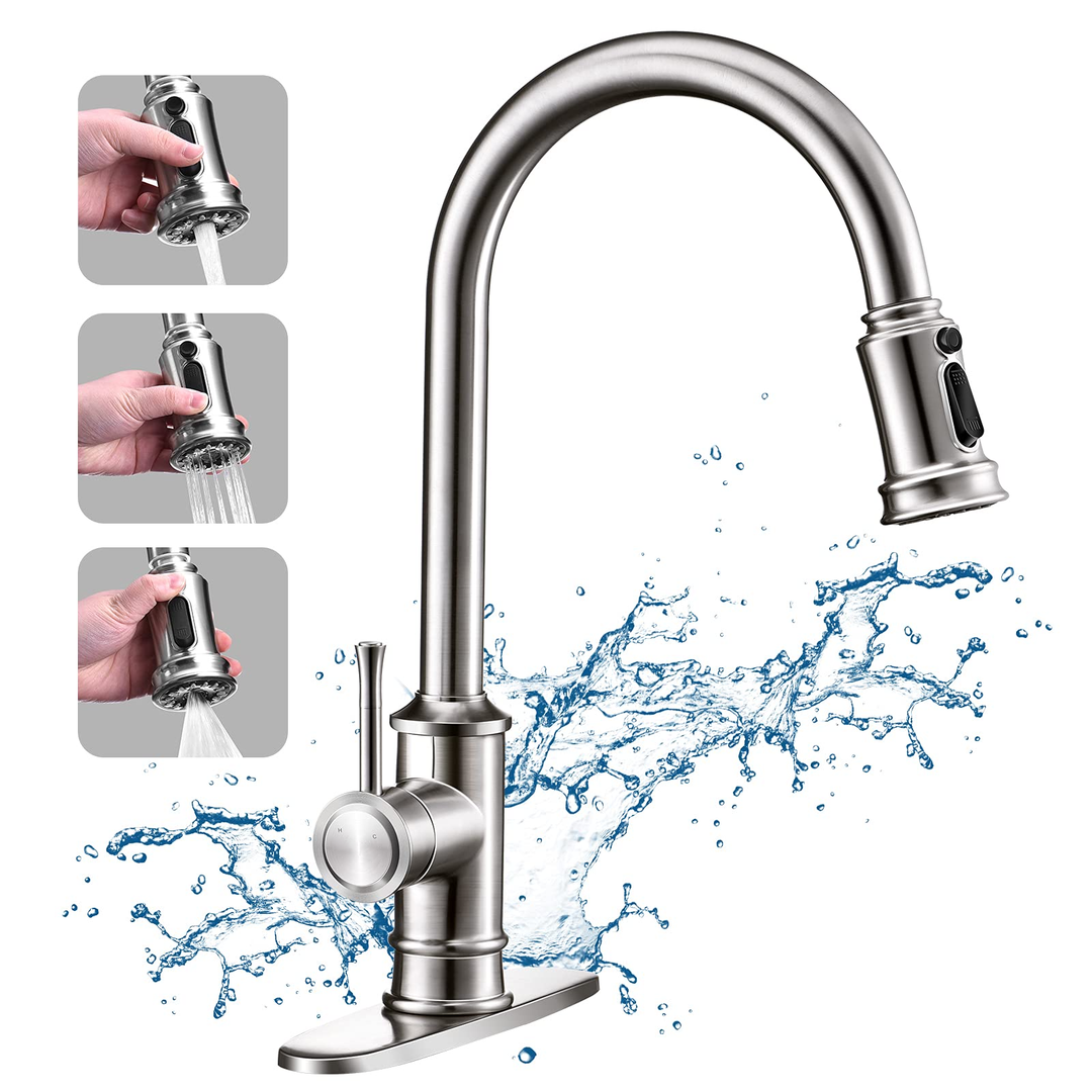 3 Modes Pull Down Sprayer  Brushed Nickel Kitchen Faucet Single Handle 1or3 Holes with Deck Plate