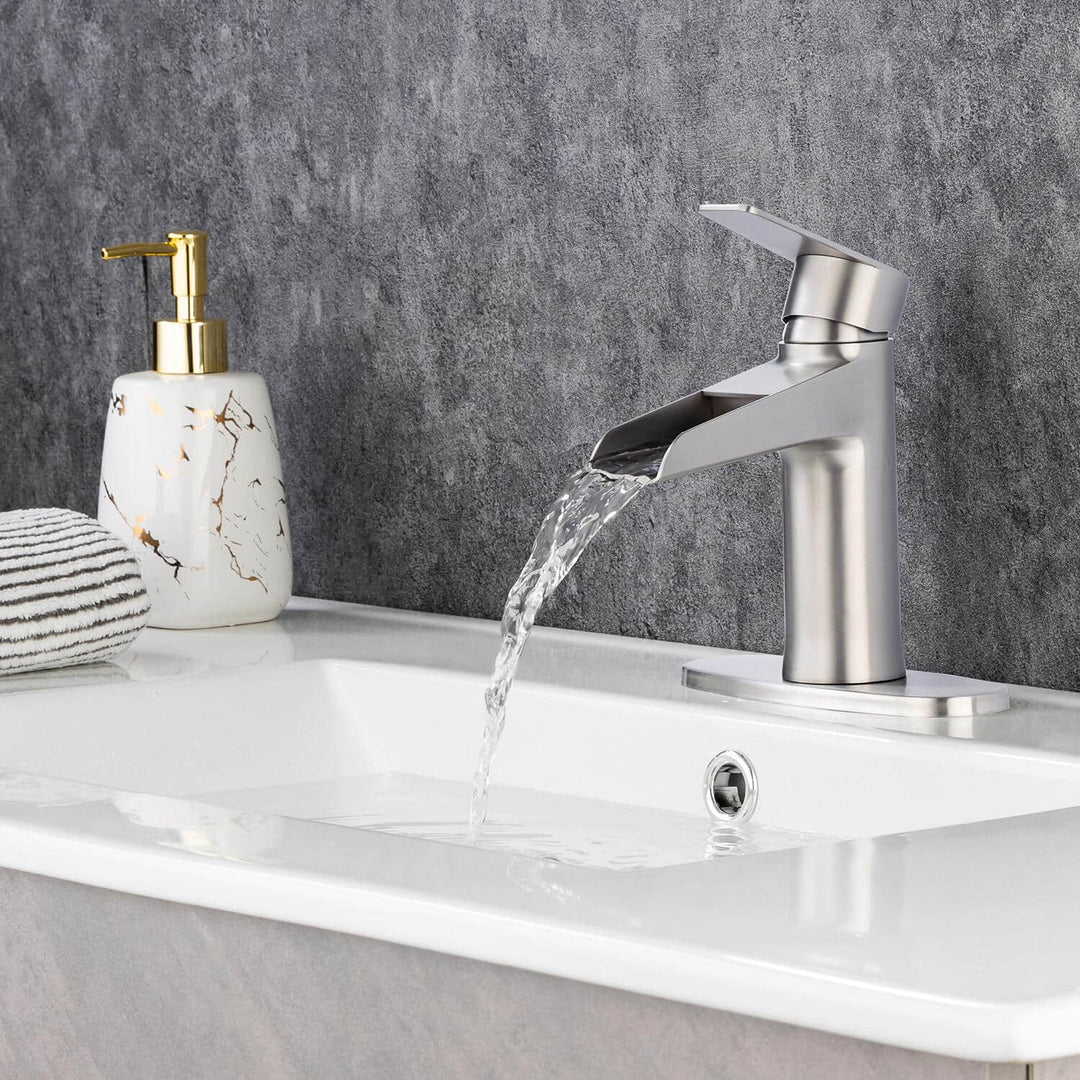 Single Handle Waterfall Spout Single Hole Bathroom Faucet with Deckplate and Drain Kit Included