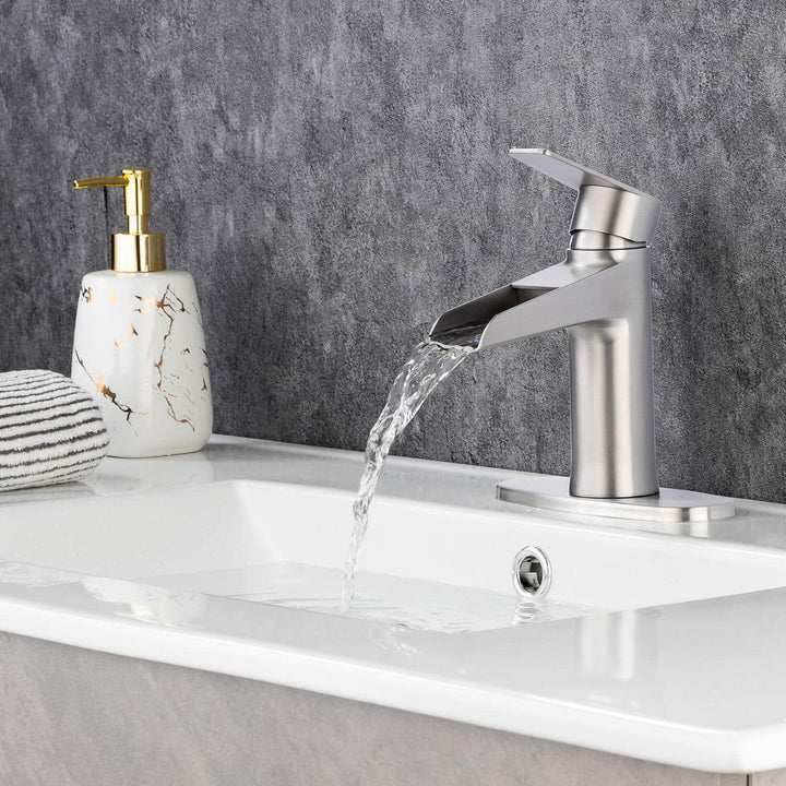 Single Handle Waterfall Spout Single Hole Bathroom Faucet with Deckplate and Drain Kit Included