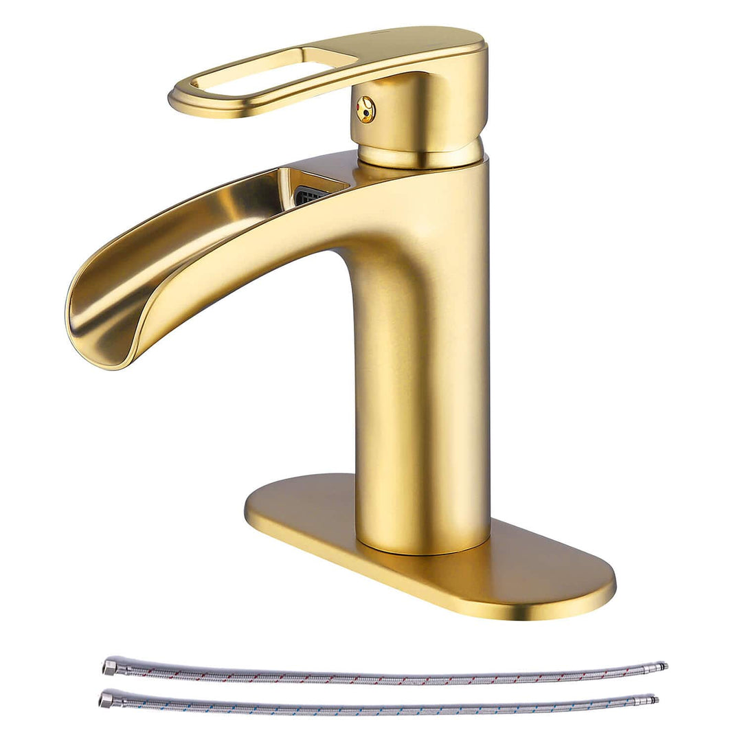 Single-Handle Waterfall Spout Single-Hole Bathroom Faucet with Deckplate and Supply Line