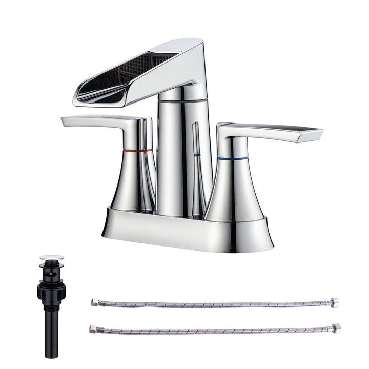Waterfall Spout 4 in. Centerset 2-Handle Lavatory Bathroom Faucet with Drain Kit Included