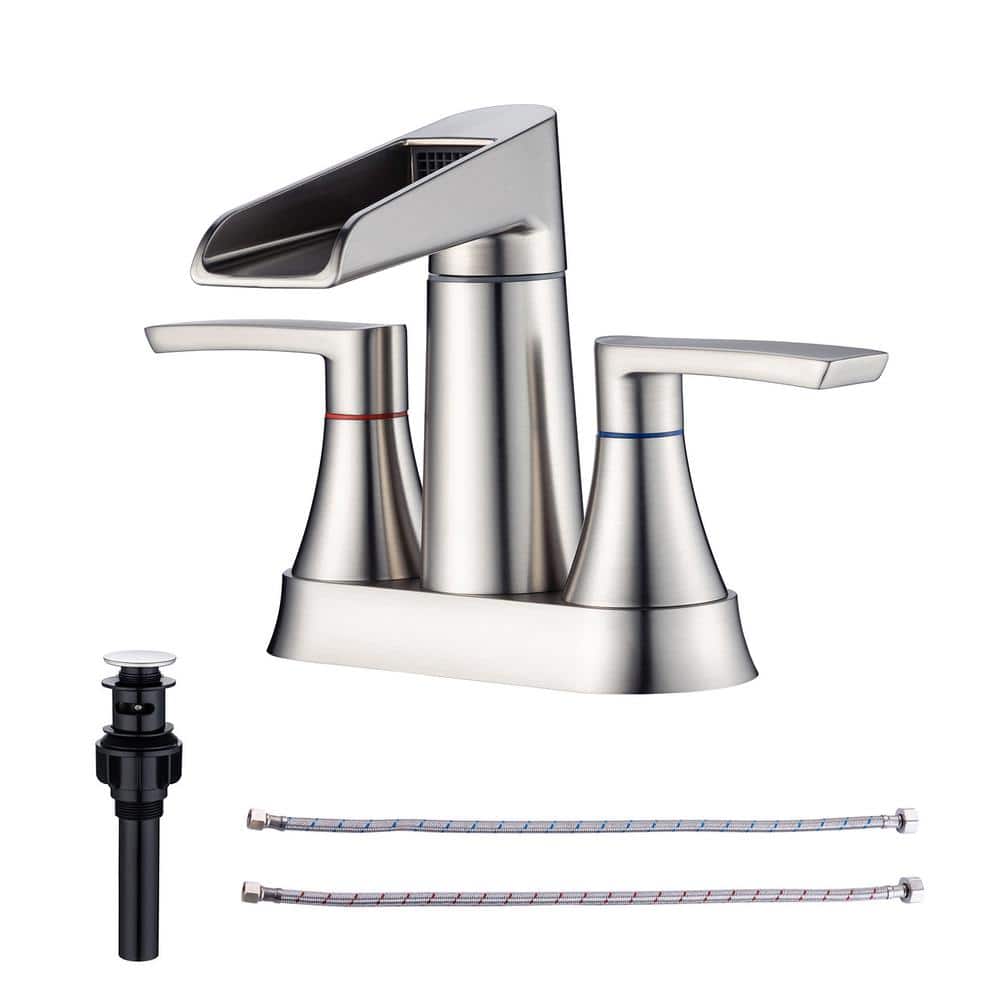 Waterfall Spout 4 in. Centerset 2-Handle Lavatory Bathroom Faucet with Drain Kit Included