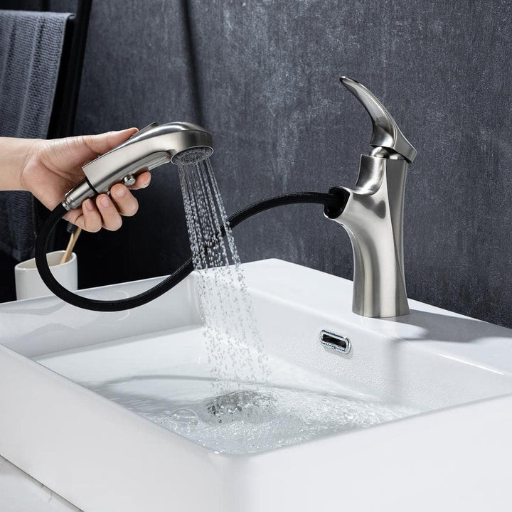 Single-Handle Single-Hole Pull Out Sprayer Bahtroom Faucet with Deckplate and Supply Lines included