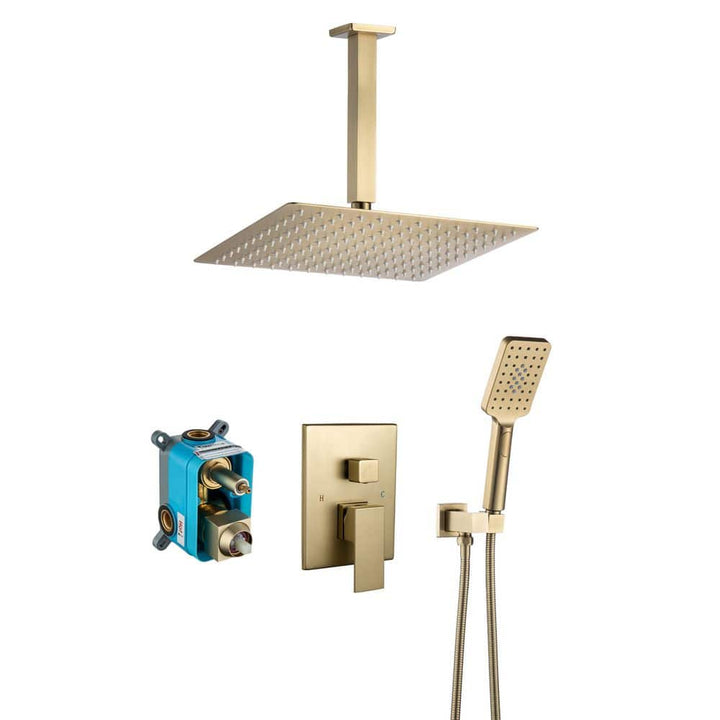 10 in. Ceiling Mount Rain Dual Shower Heads with Shower Head and Hand Shower in Brushed Gold