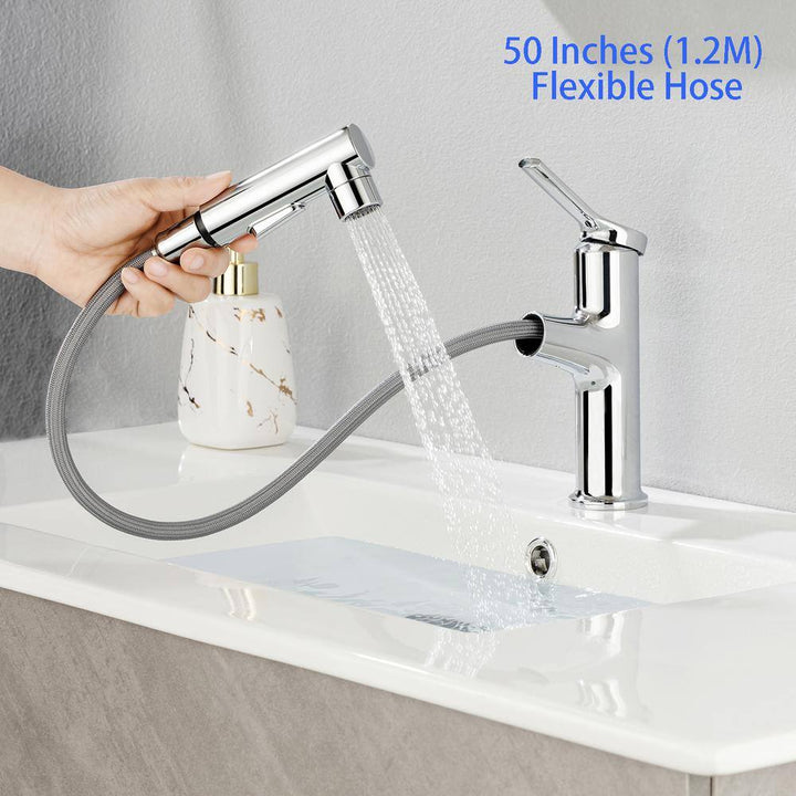 Pull Out Single Handle Single Hose Bathroom Faucet with Deckplate and Supply Line Included