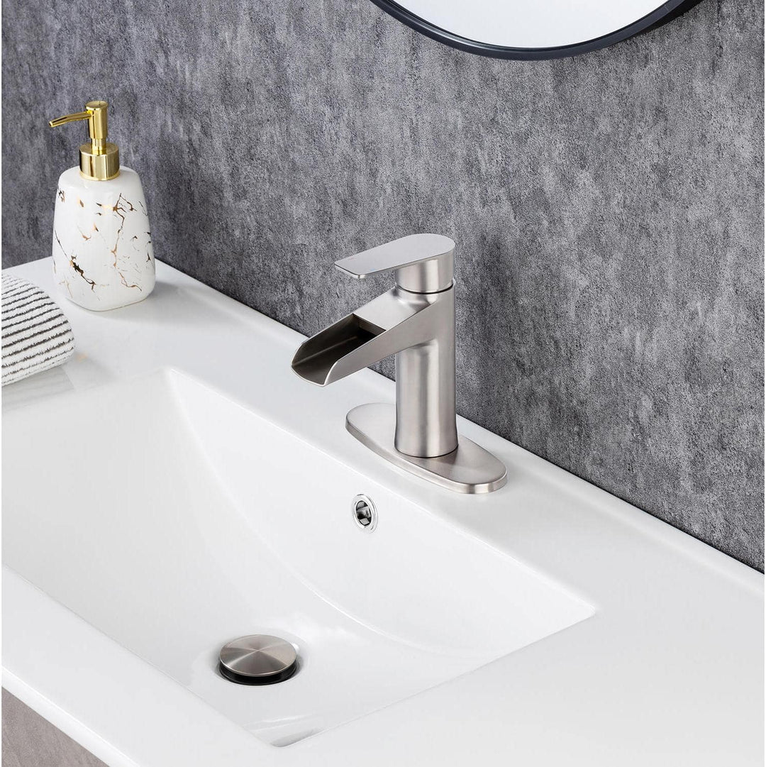 Single Handle Waterfall Spout Single Hole Bathroom Faucet with Deckplate and Drain Kit Included