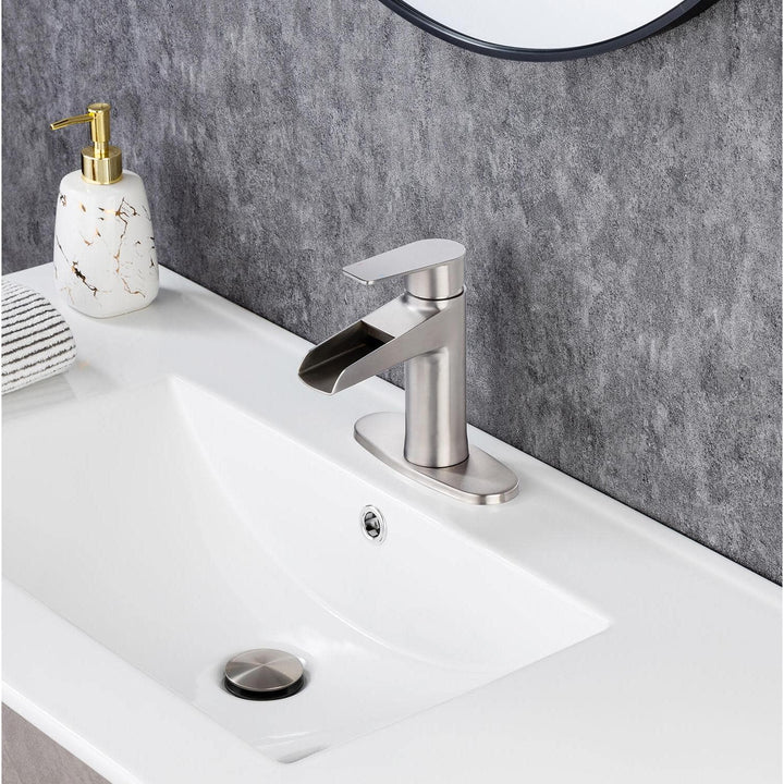 Single Handle Waterfall Spout Single Hole Bathroom Faucet with Deckplate and Drain Kit Included