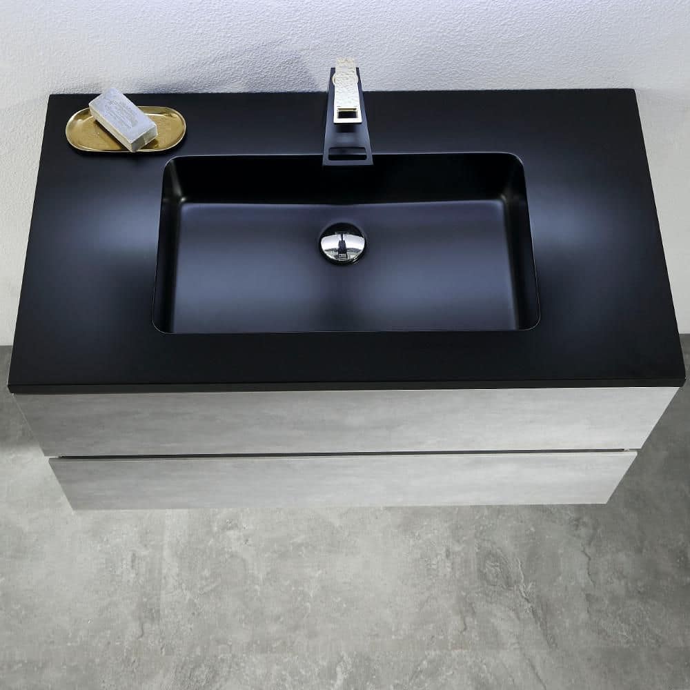 Wood Melamine Vanity Set in Gray with Quartz Sand Surface Top Black Basin