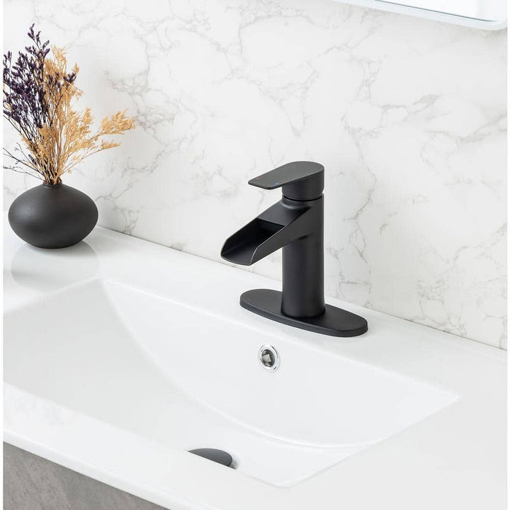 Single Handle Waterfall Spout Single Hole Bathroom Faucet with Deckplate and Drain Kit Included