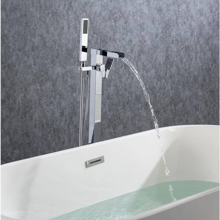 Waterfall Spout Single-Handle Floor Mount Freestanding Tub Faucet with Handheld Shower