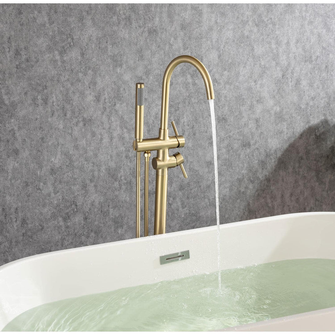 High Arc Swivel Spout Singe-Handle Floor Mount Freestanding Tub Faucet with Hand Shower