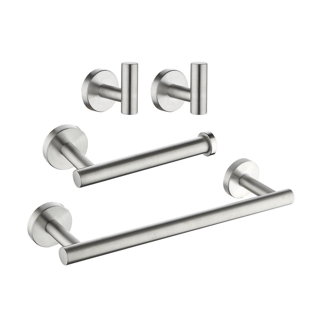 4-Piece Bath Hardware Set with 2-Robe Hooks, 12 in. Towel Bar and Tissue Holder