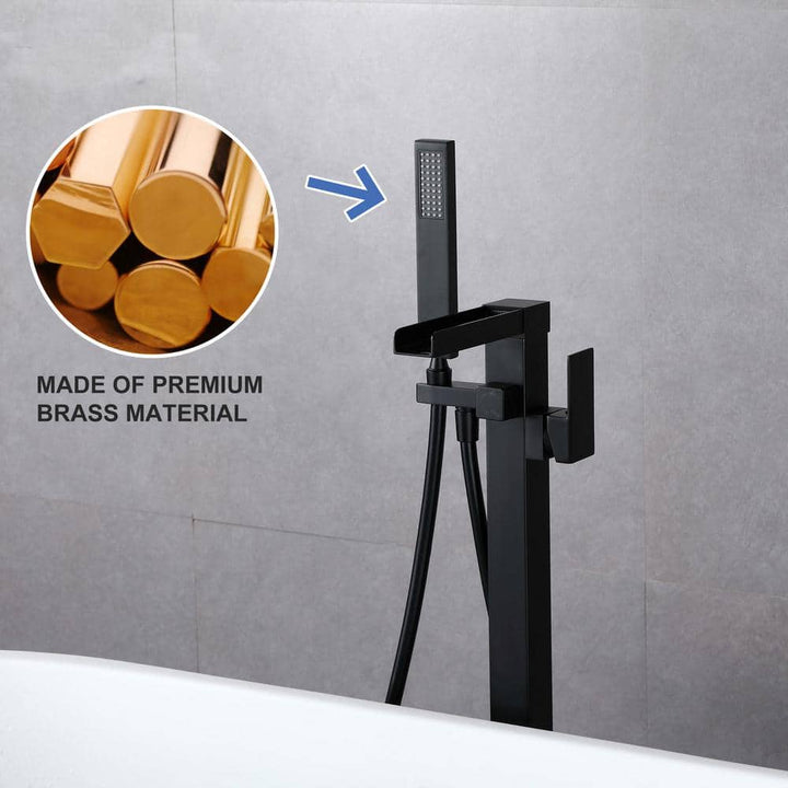 Waterfall Spout Single-Handle Floor Mount Freestanding Tub Faucet with Handheld Shower