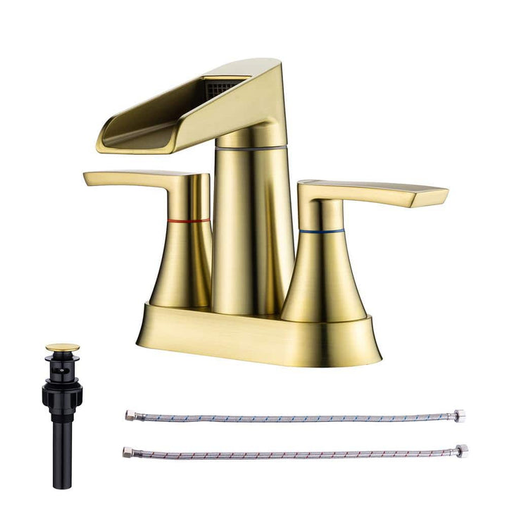 Waterfall Spout 4 in. Centerset 2-Handle Lavatory Bathroom Faucet with Drain Kit Included