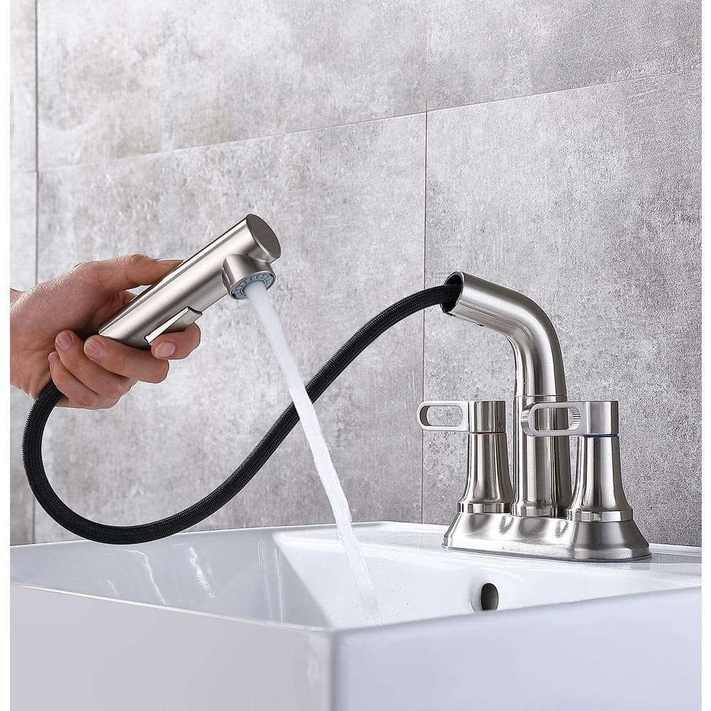 4 in. Centerest Double-Handle High-Arc Bathroom Faucet with Pull Out Sprayer, Supply Line Included in Brushed Nickel