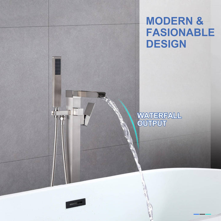 Waterfall Spout Single-Handle Floor Mount Freestanding Tub Faucet with Handheld Shower