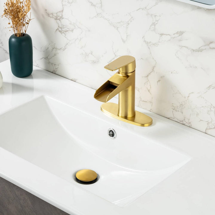 Single Handle Waterfall Spout Single Hole Bathroom Faucet with Deckplate and Drain Kit Included