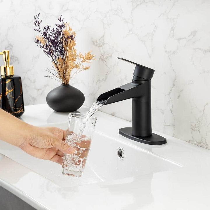 Single Handle Waterfall Spout Single Hole Bathroom Faucet with Deckplate and Drain Kit Included