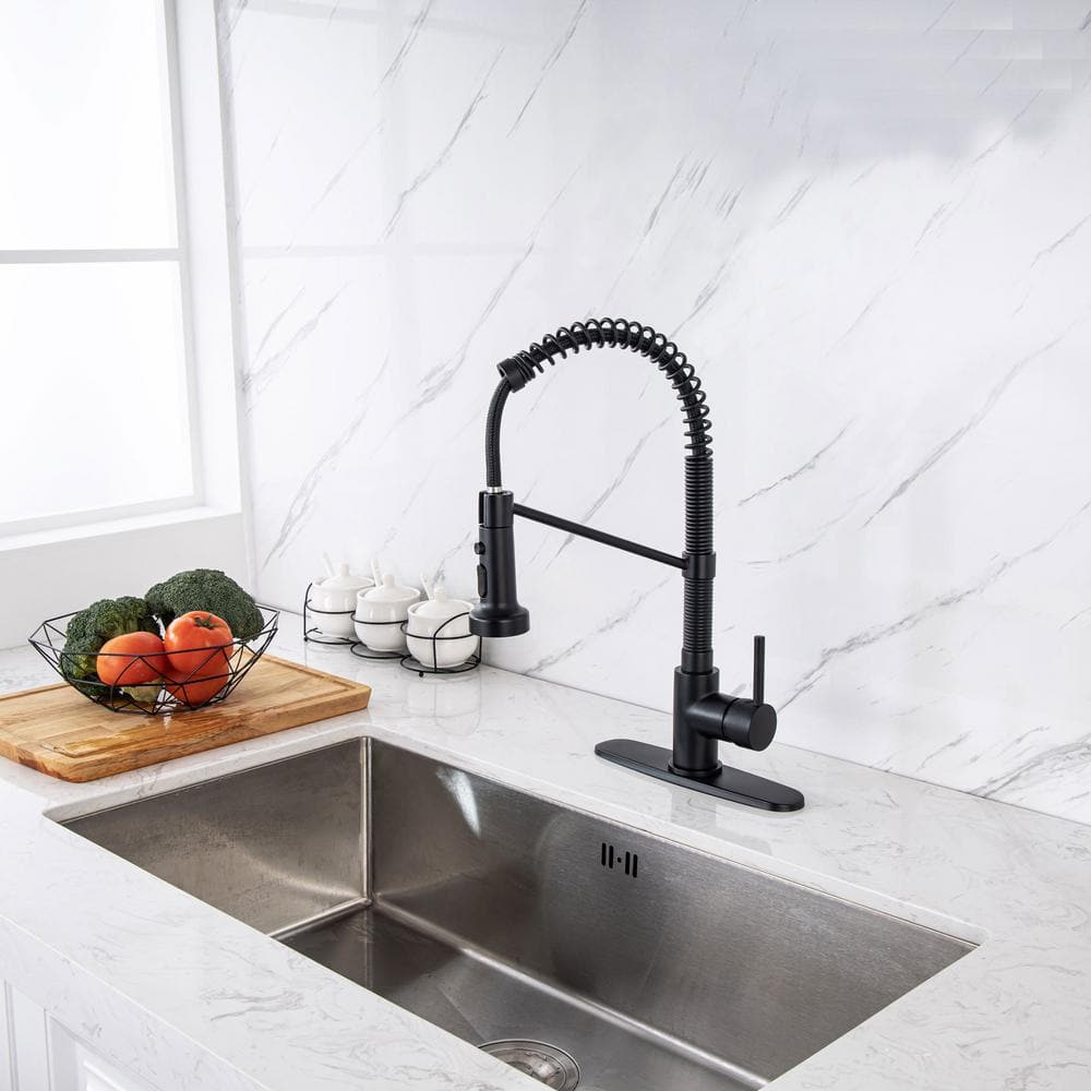 3 Model Sprayer Single Handle Pull Down Kitchen Faucet with Deckplate and Water Supply Line Included in Matte Black by rainlex