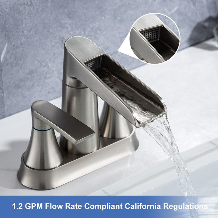 Waterfall Spout 4 in. Centerset 2-Handle Lavatory Bathroom Faucet with Drain Kit Included