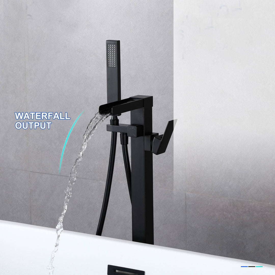 Waterfall Spout Single-Handle Floor Mount Freestanding Tub Faucet with Handheld Shower