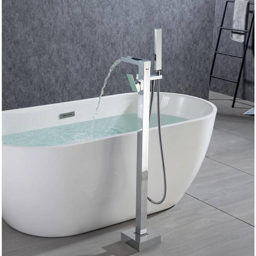 Waterfall Spout Single-Handle Floor Mount Freestanding Tub Faucet with Handheld Shower