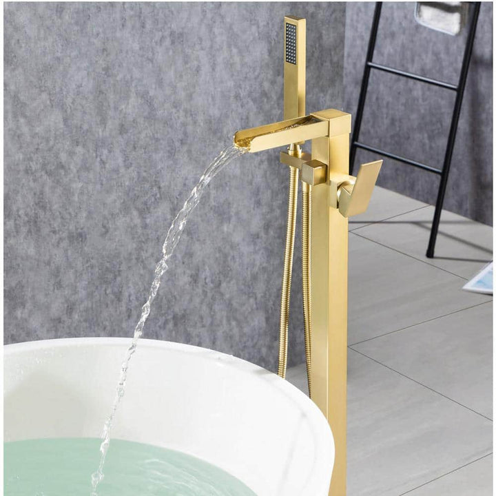 Waterfall Spout Single-Handle Floor Mount Freestanding Tub Faucet with Handheld Shower