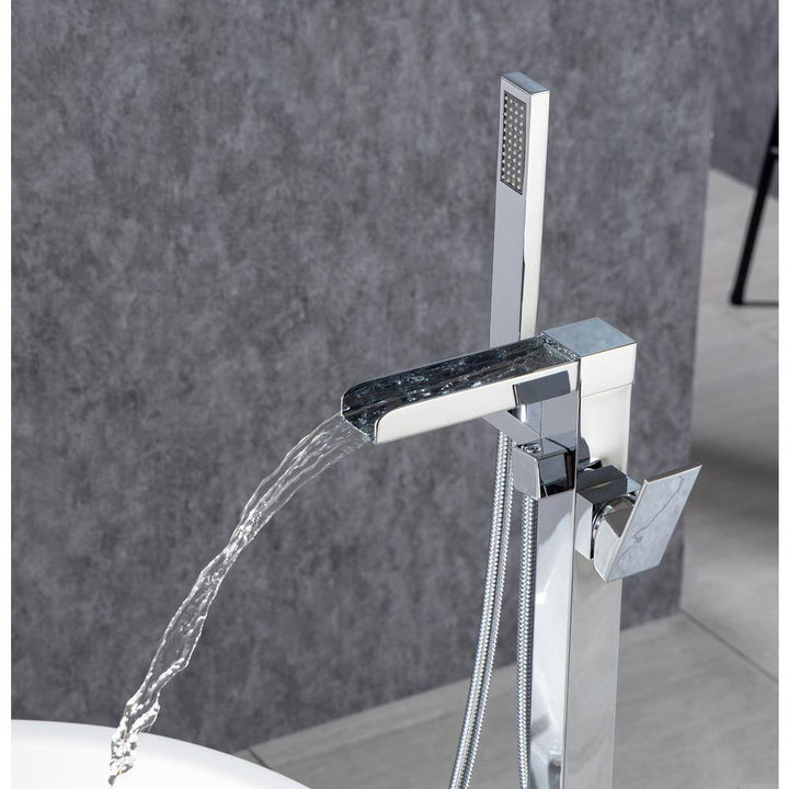 Waterfall Spout Single-Handle Floor Mount Freestanding Tub Faucet with Handheld Shower