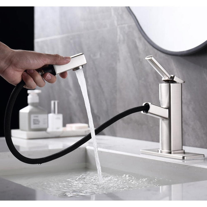 Pull Out Sprayer Single Handle Single Hole Bathroom Faucet with Deckplate and Supply Line Inlcuded