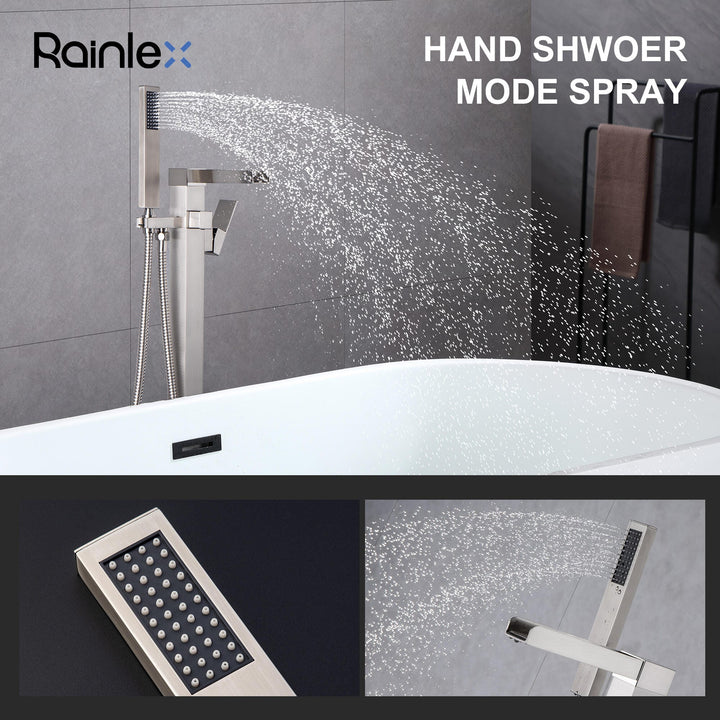 Waterfall Spout Single-Handle Floor Mount Freestanding Tub Faucet with Handheld Shower