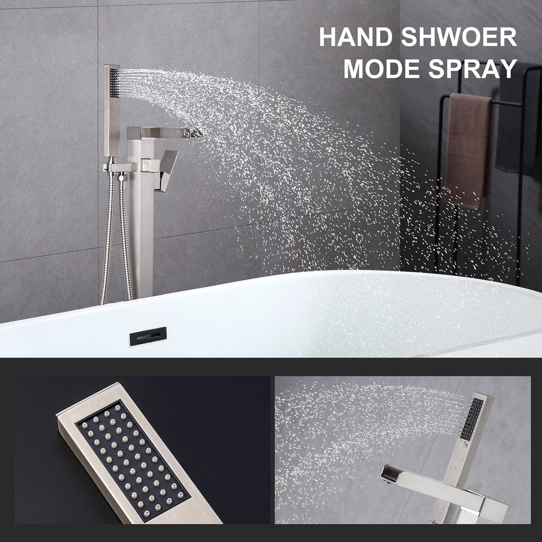 Waterfall Spout Single-Handle Floor Mount Freestanding Tub Faucet with Handheld Shower