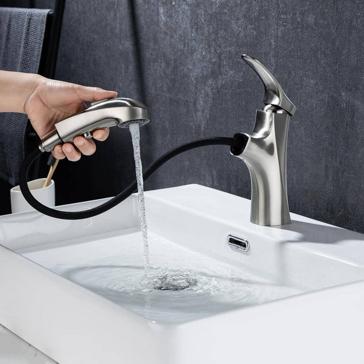 Single-Handle Single-Hole Pull Out Sprayer Bahtroom Faucet with Deckplate and Supply Lines included