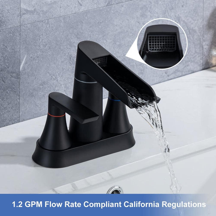 Waterfall Spout 4 in. Centerset 2-Handle Lavatory Bathroom Faucet with Drain Kit Included