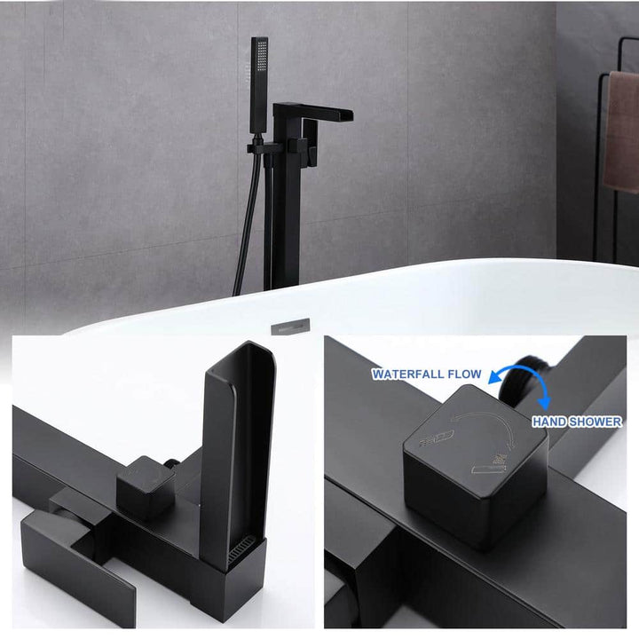 Waterfall Spout Single-Handle Floor Mount Freestanding Tub Faucet with Handheld Shower