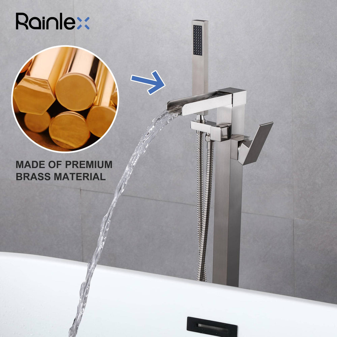 Waterfall Spout Single-Handle Floor Mount Freestanding Tub Faucet with Handheld Shower