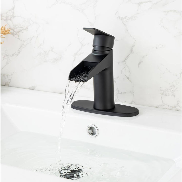 Single Handle Waterfall Spout Single Hole Bathroom Faucet with Deckplate and Drain Kit Included