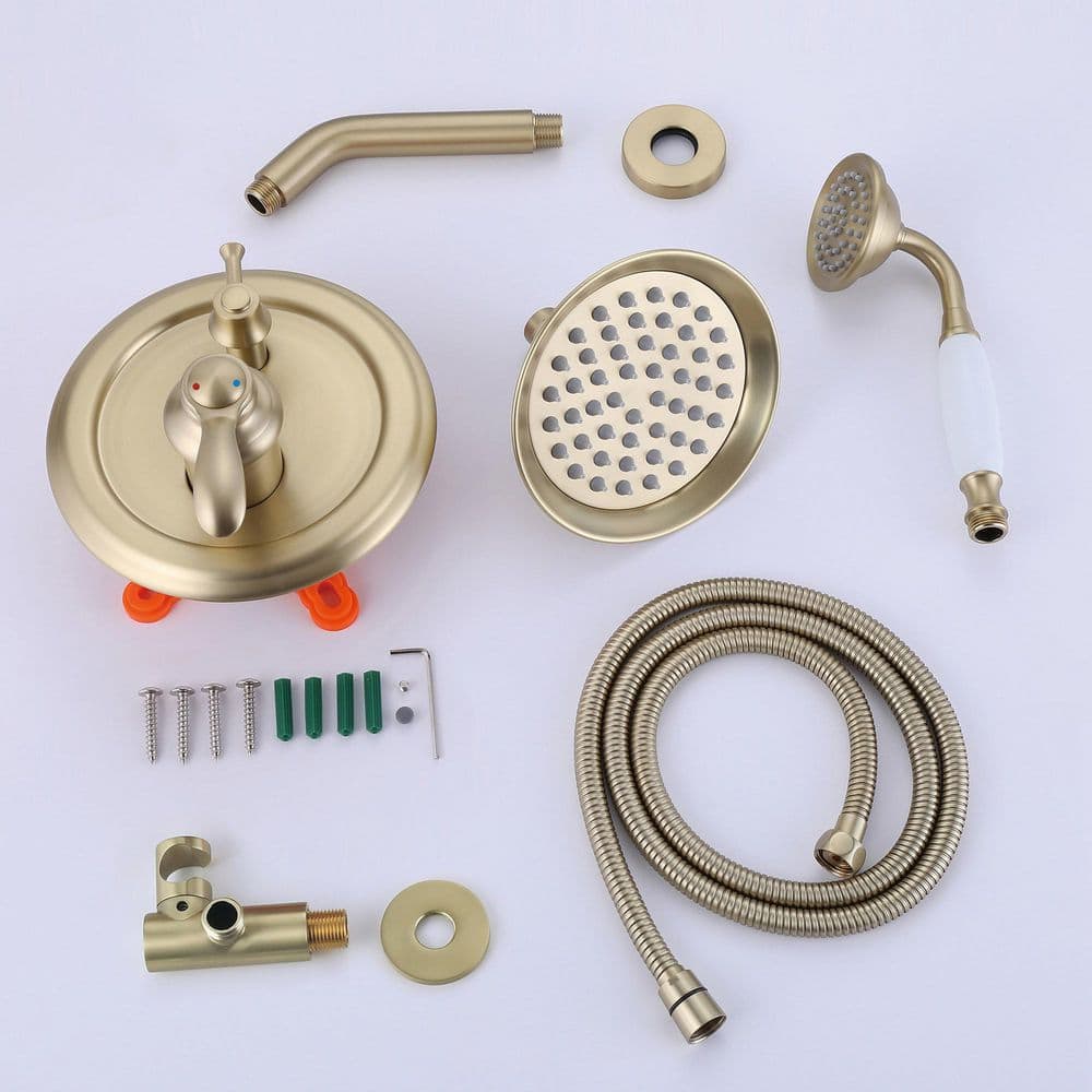 1-Spray Patterns with 1.8 GPM 5.91 in. Wall Mount Dual Shower Heads in Spot Resist Brushed Gold