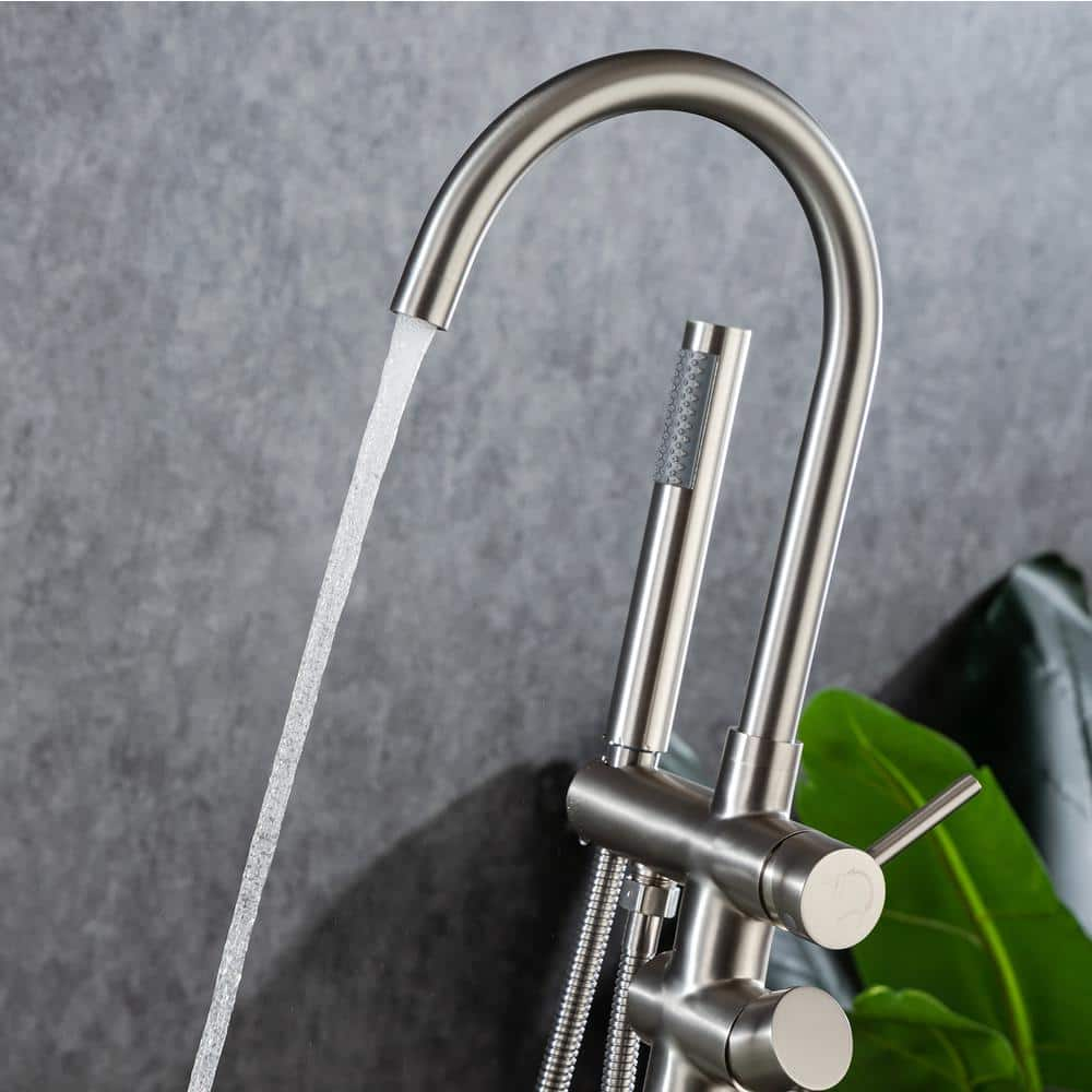 High Arc Swivel Spout Singe-Handle Floor Mount Freestanding Tub Faucet with Hand Shower