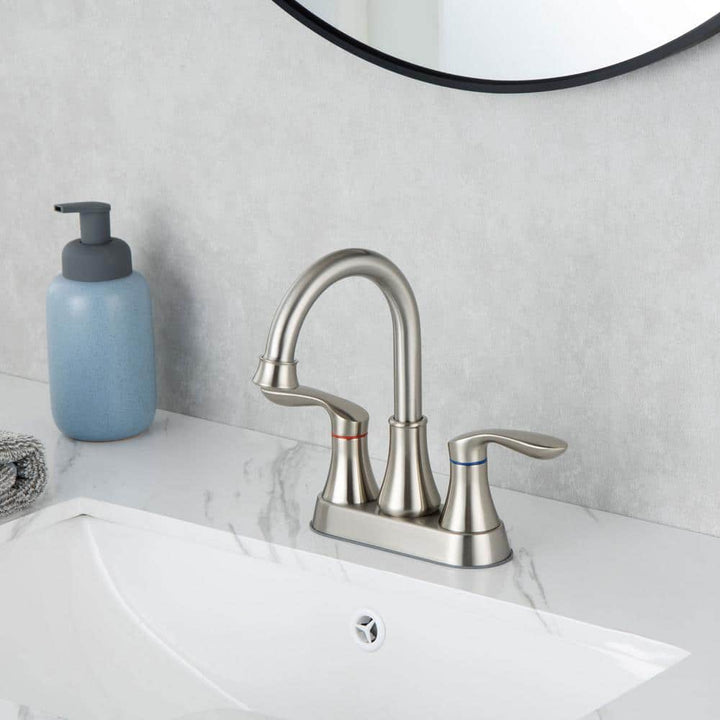 4 in. Centerset Double-Handle High-Arc Bathroom Faucet with Drain Kit Included